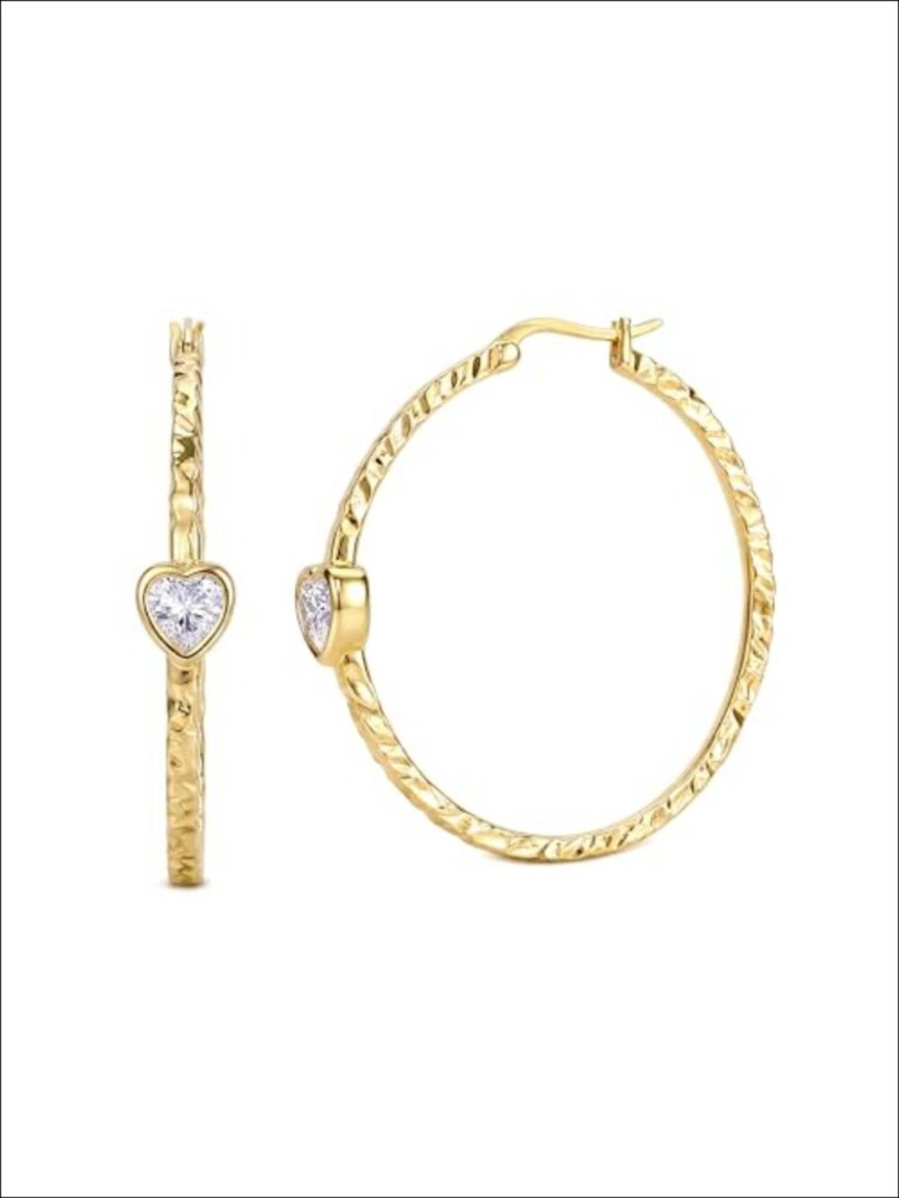 14K Gold Hoop Earrings with Heart Cubic Zirconia Hypoallergenic Latch Back